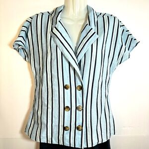 Meduim blue stripped capped sleeved button down shirt by Stem and Vine *w180